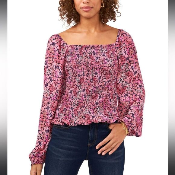 Vince Camuto Pink Floral Meadow Medley Smocked Top Size Medium - Picture 1 of 11